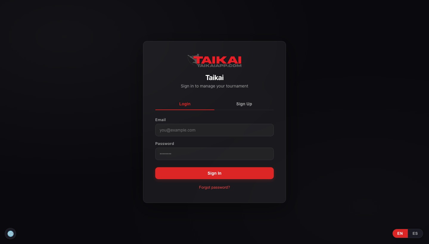 The Taikai App login form with email and password fields