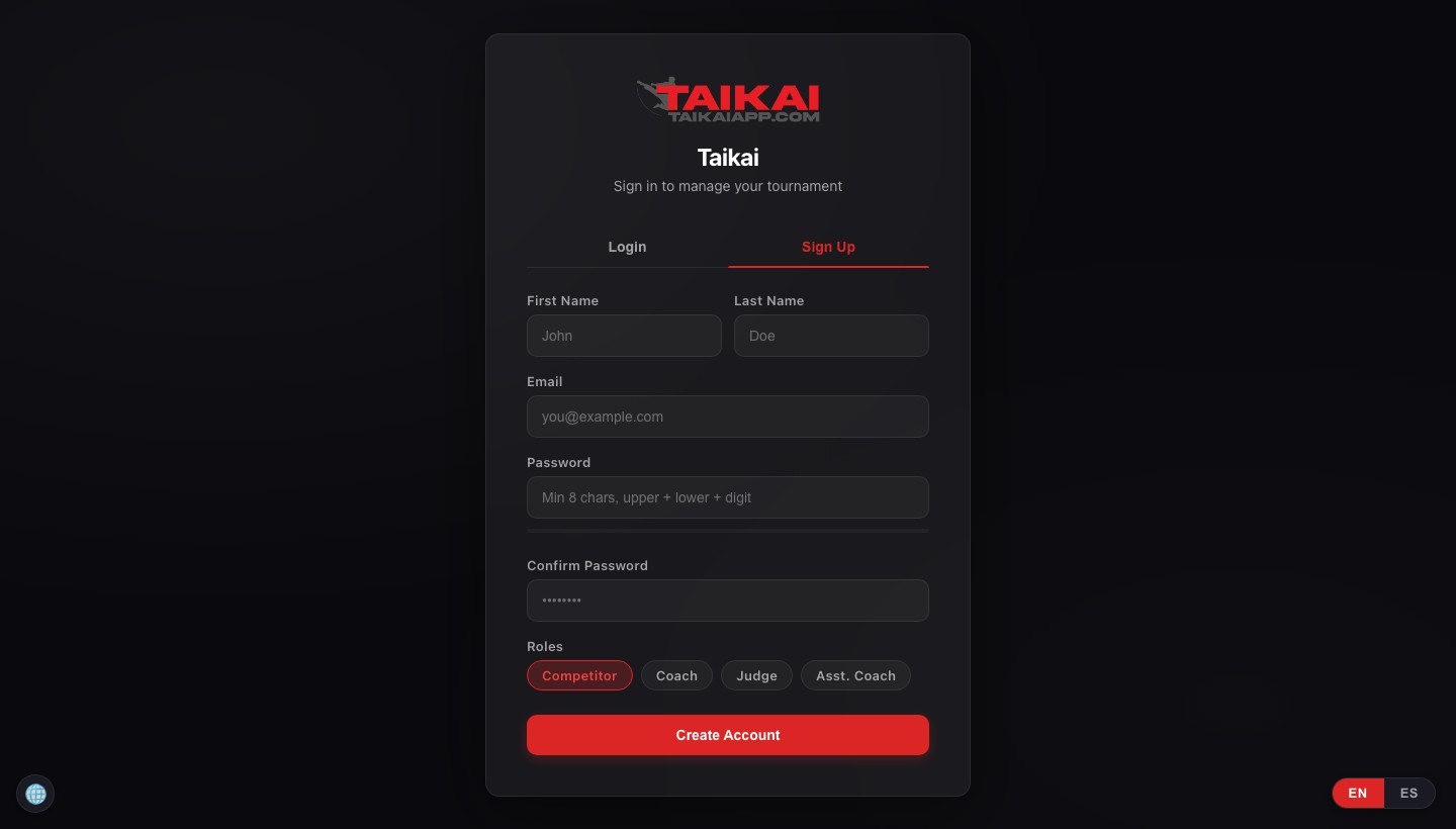 The Taikai App sign-up form with fields for first name, last name, email, password, and account type