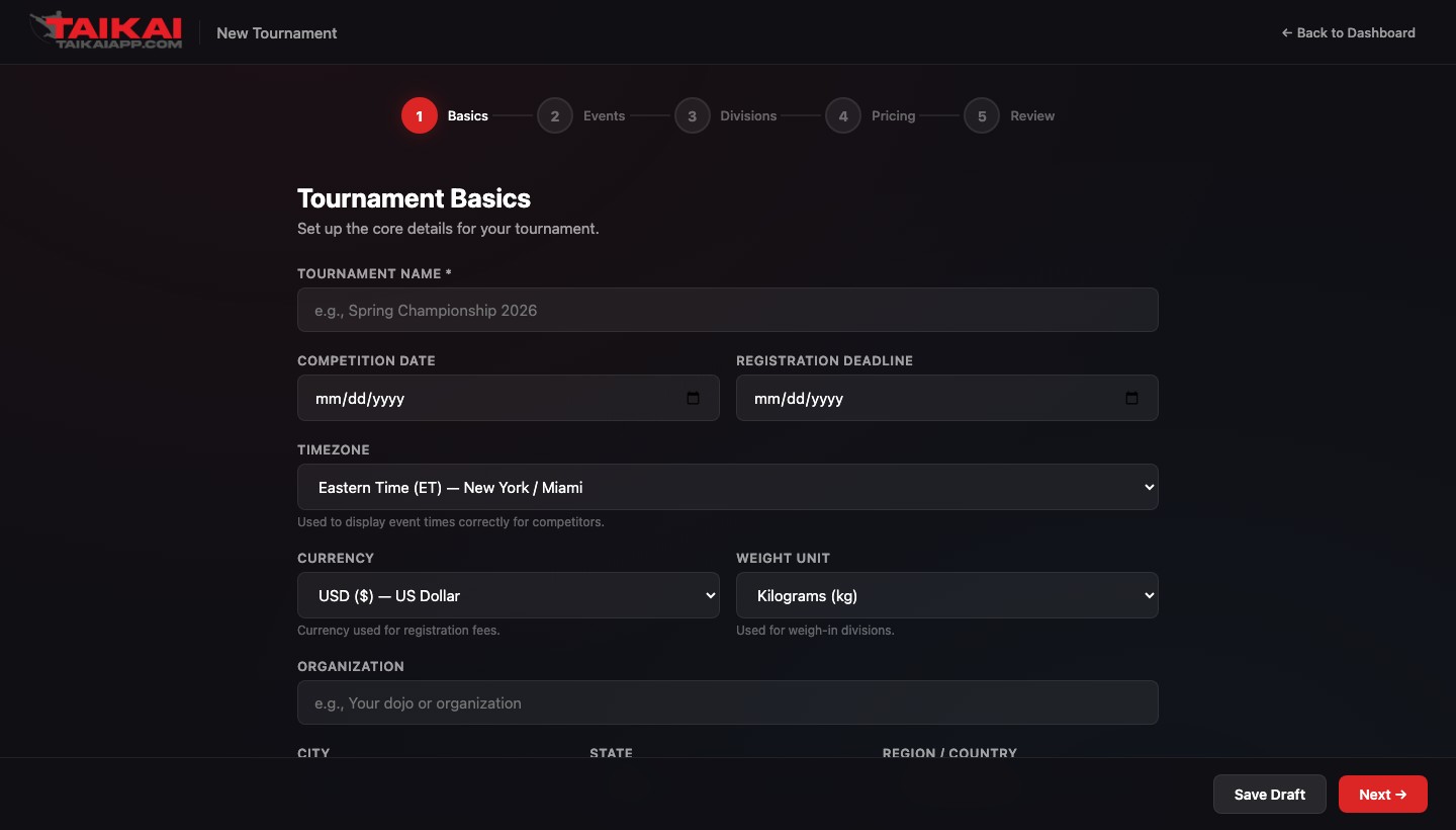 Wizard Step 1 showing fields for tournament name, date, registration deadline, timezone, currency, weight unit, and organization name