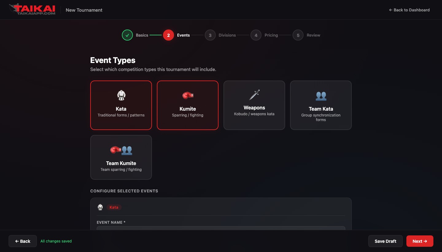 Wizard Step 2 showing Kata and Kumite selected (highlighted with red borders) and the Configure Selected Events section below