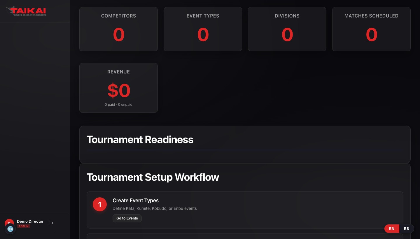 The Tournament Manager dashboard showing stats for Competitors, Event Types, Divisions, and Matches Scheduled, plus a Tournament Readiness checklist