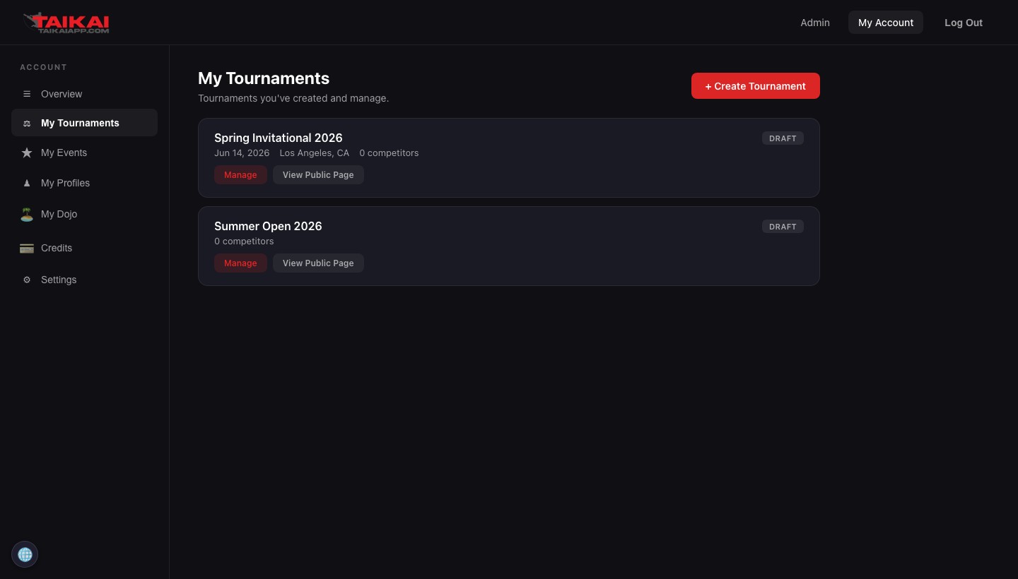My Tournaments page showing a tournament card with Manage and View Public Page buttons, and a Create Tournament button in the top right